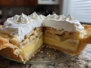 A cross-section view of an amazing banana cream pie showing layers of crust, vanilla custard, sliced bananas, and whipped cream topping.