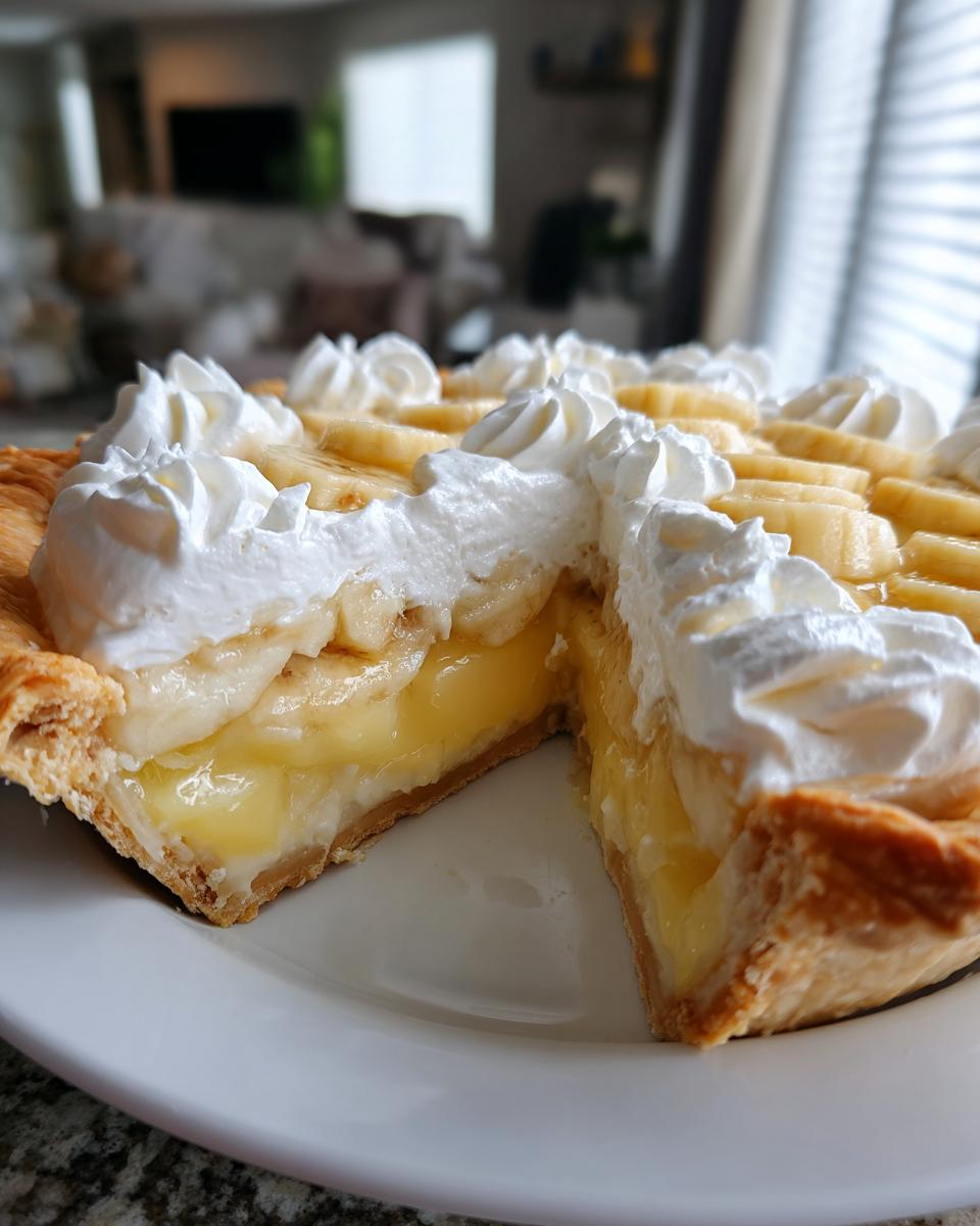 A slice cut from an amazing banana cream pie showing layers of crust, thick custard, bananas, and whipped cream topping.