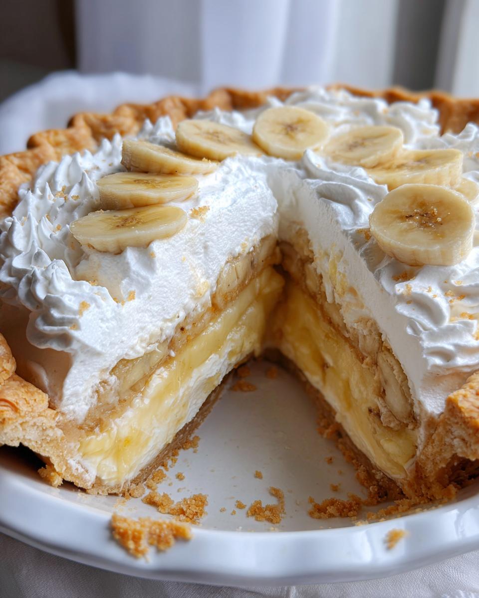 Cross-section view of an amazing banana cream pie showing layers of crust, custard, bananas, and whipped cream topping.