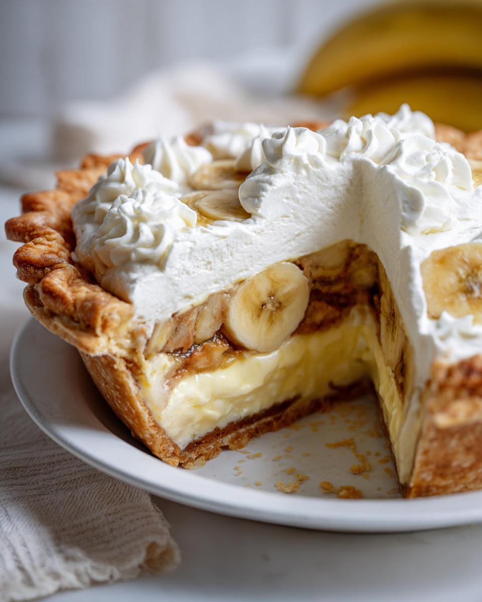 Close-up of a slice of amazing banana cream pie showing layers of crust, custard, banana slices, and whipped cream topping.