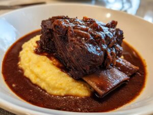 A close-up of tender braised short ribs served over creamy polenta with rich, dark sauce.