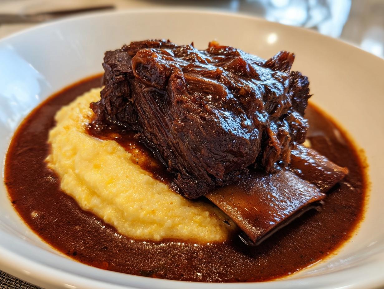 A close-up of tender braised short ribs served over creamy polenta with rich, dark sauce.