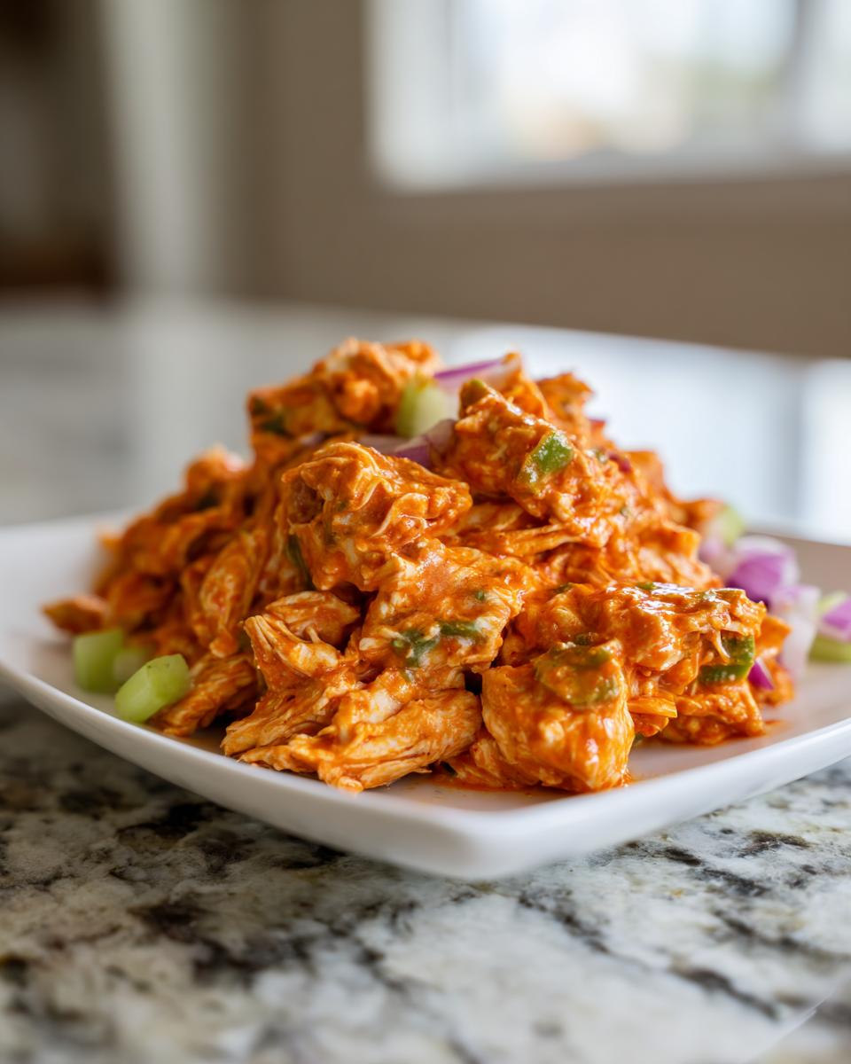 A close-up of vibrant orange buffalo chicken salad mixed with celery and red onion pieces on a white square plate.