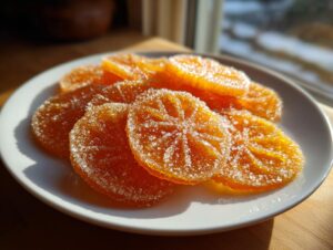 A plate of glistening, sugar-coated candied orange slices catching the sunlight.