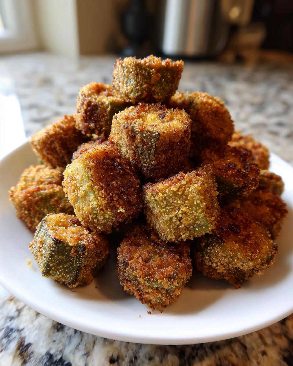 A tall pile of golden brown, crispy fried okra pieces stacked high on a white plate.