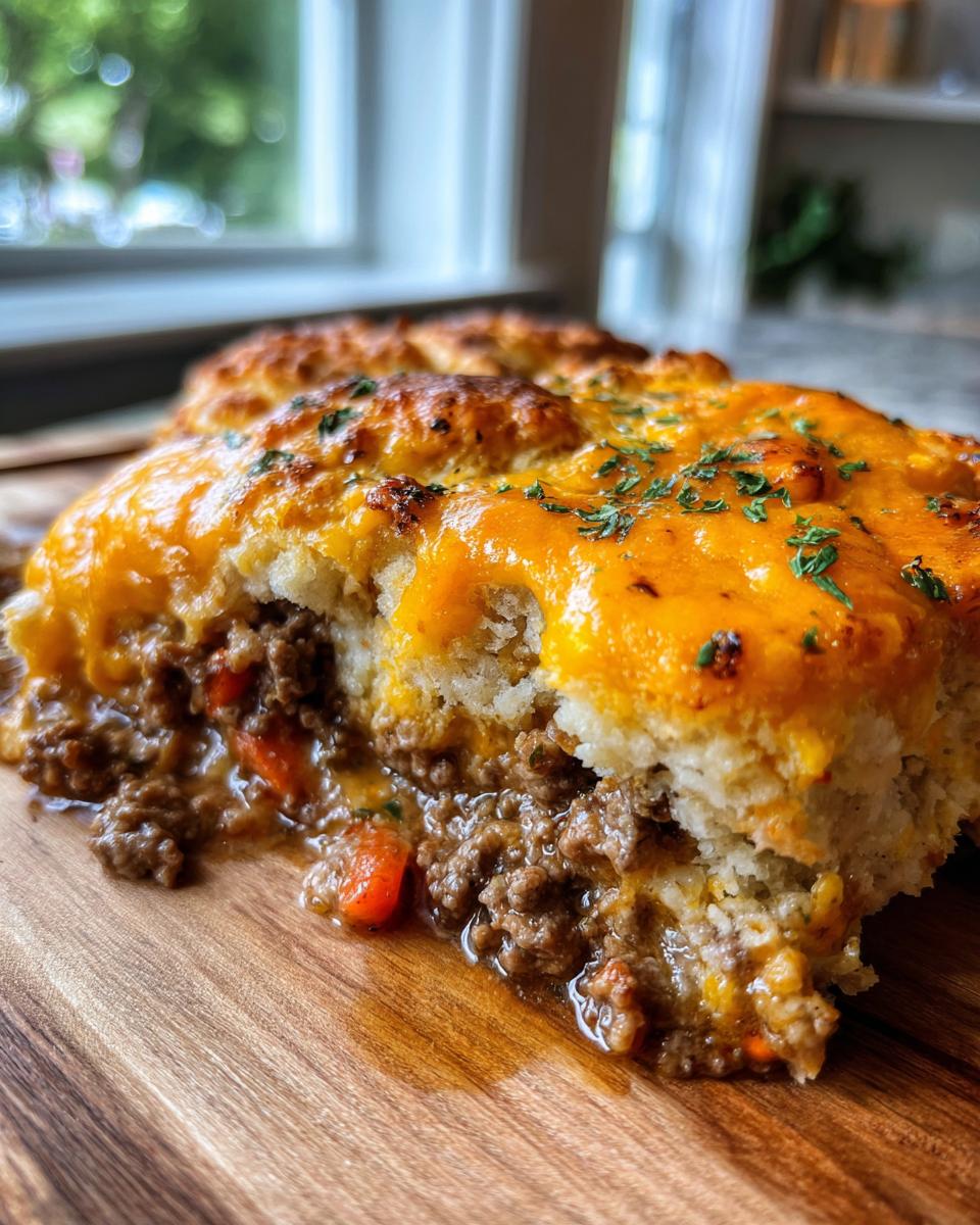 A close-up cross-section of a juicy John Wayne Casserole showing a ground beef filling topped with biscuit and melted cheddar cheese.