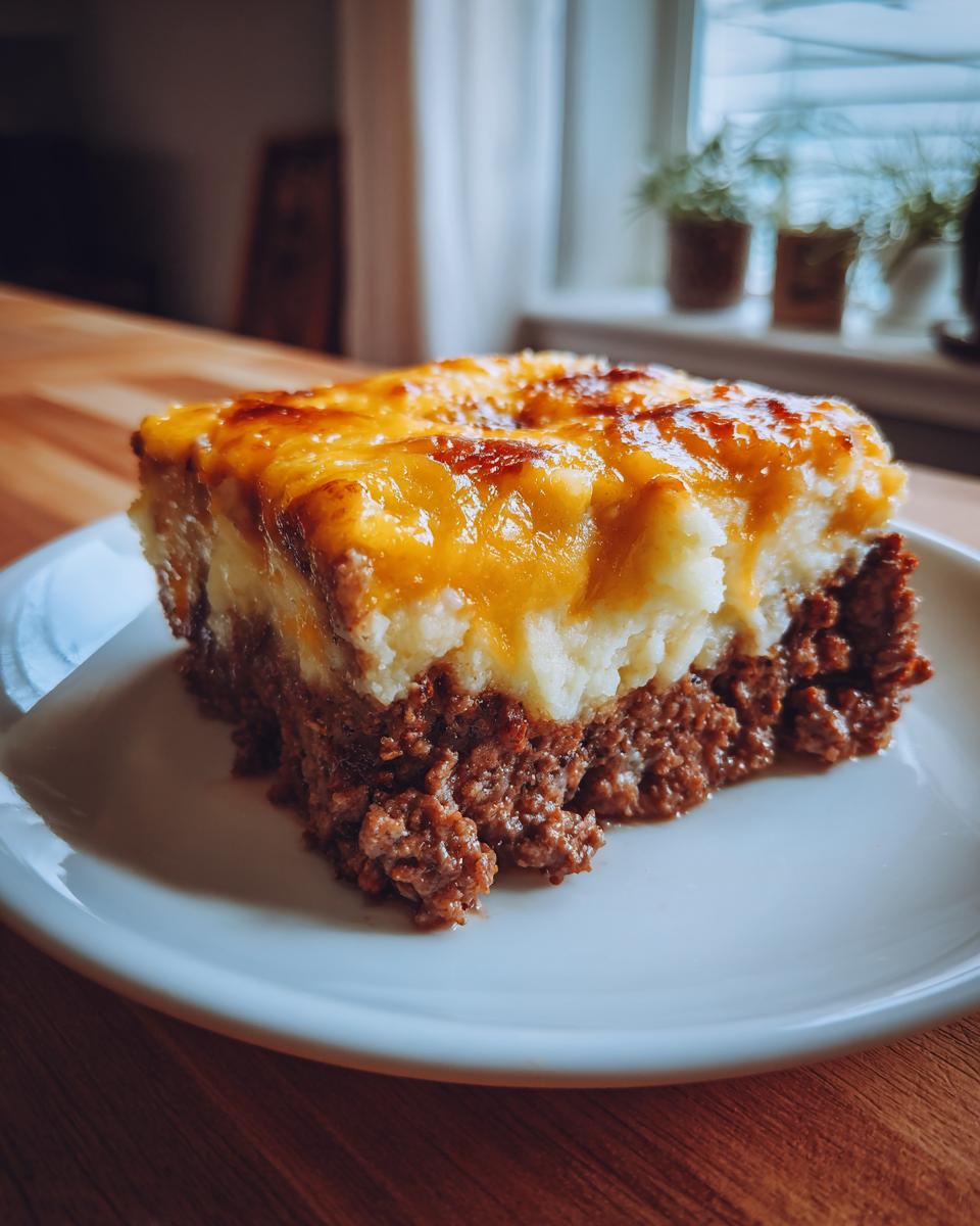 A thick slice of meatloaf casserole with a layer of mashed potatoes and melted, browned cheese on top.