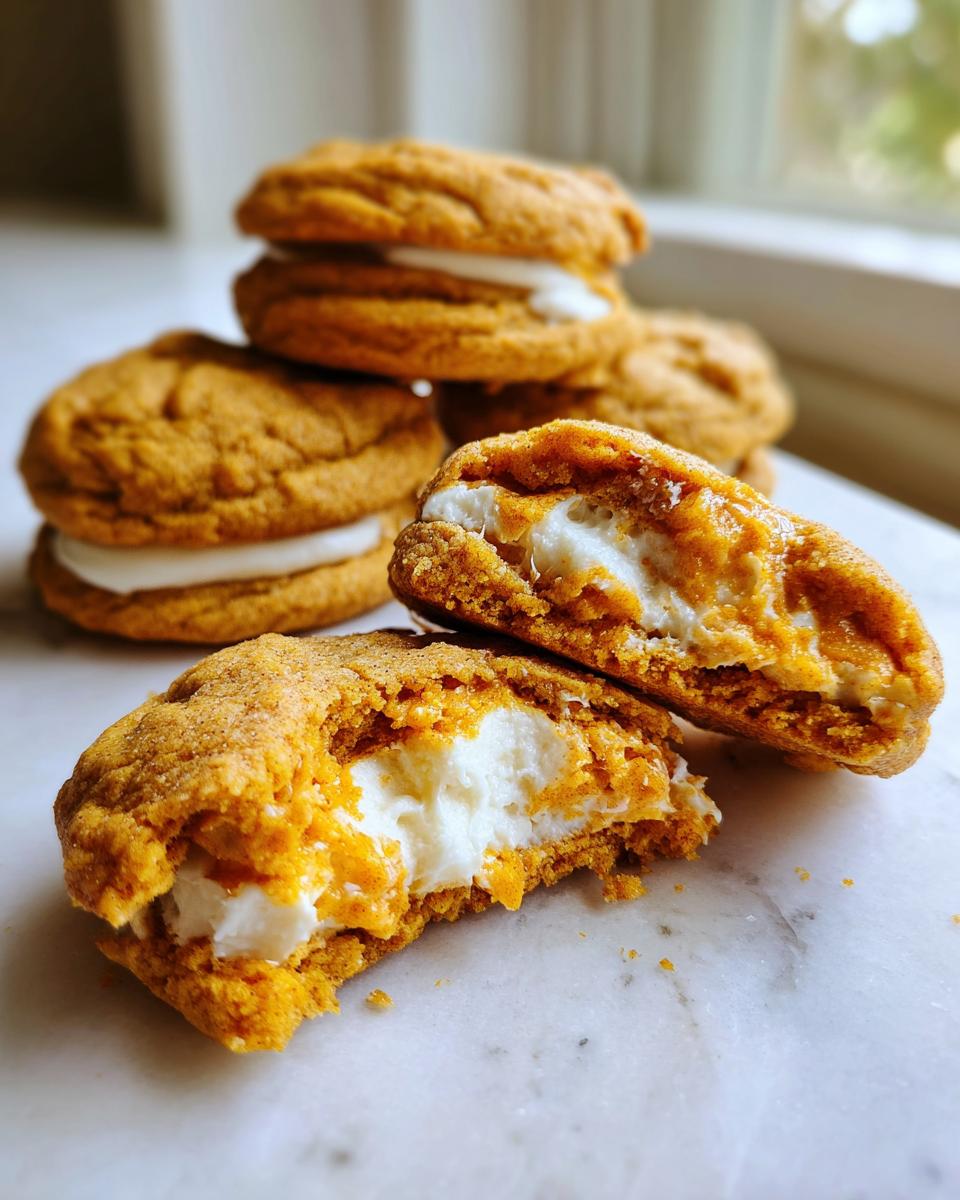 A close-up view showing one of the amazing pumpkin cheesecake cookies broken in half, revealing the creamy white filling.
