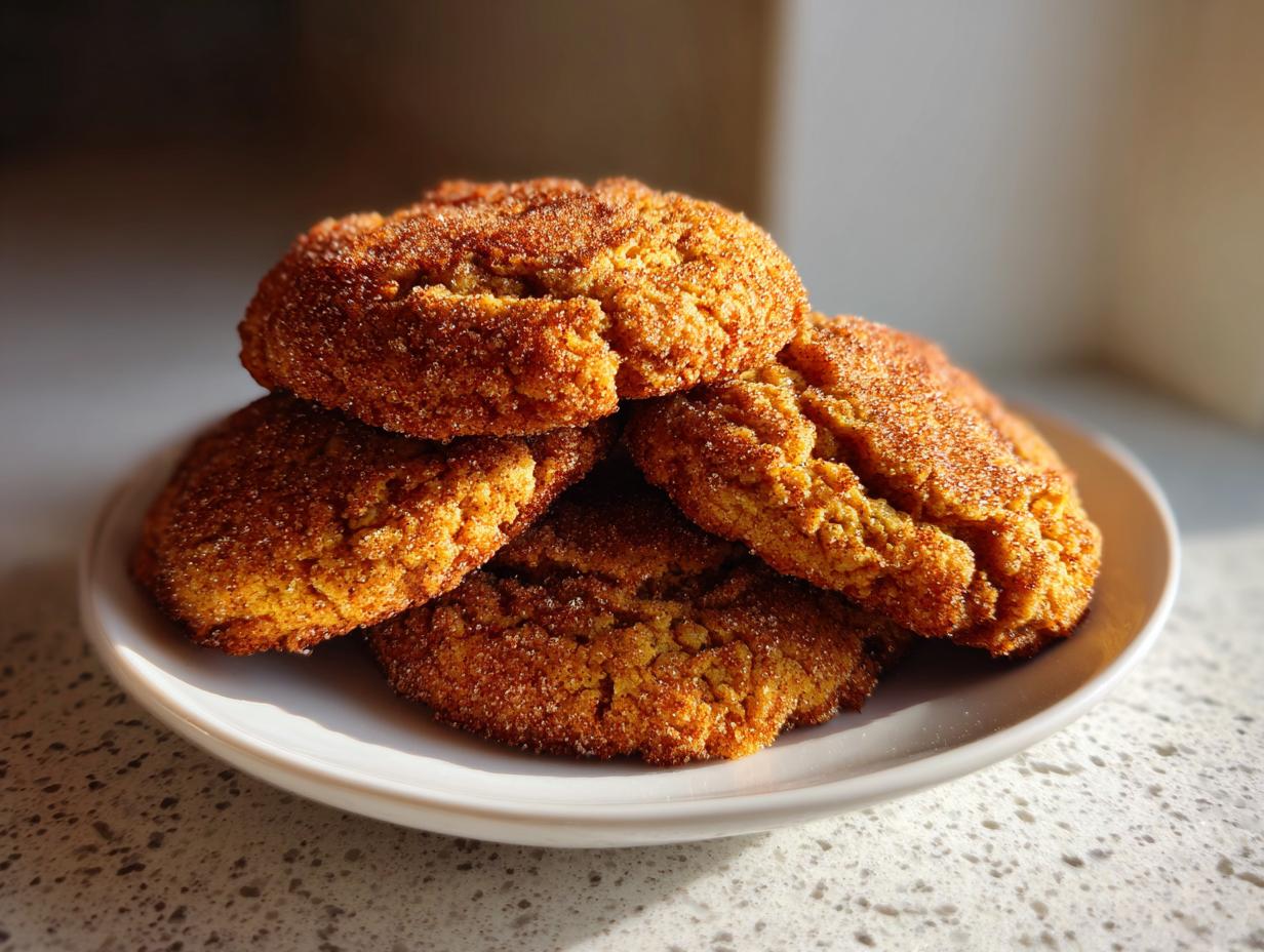 A stack of four soft, thick pumpkin snickerdoodles coated in cinnamon sugar resting on a small white plate.