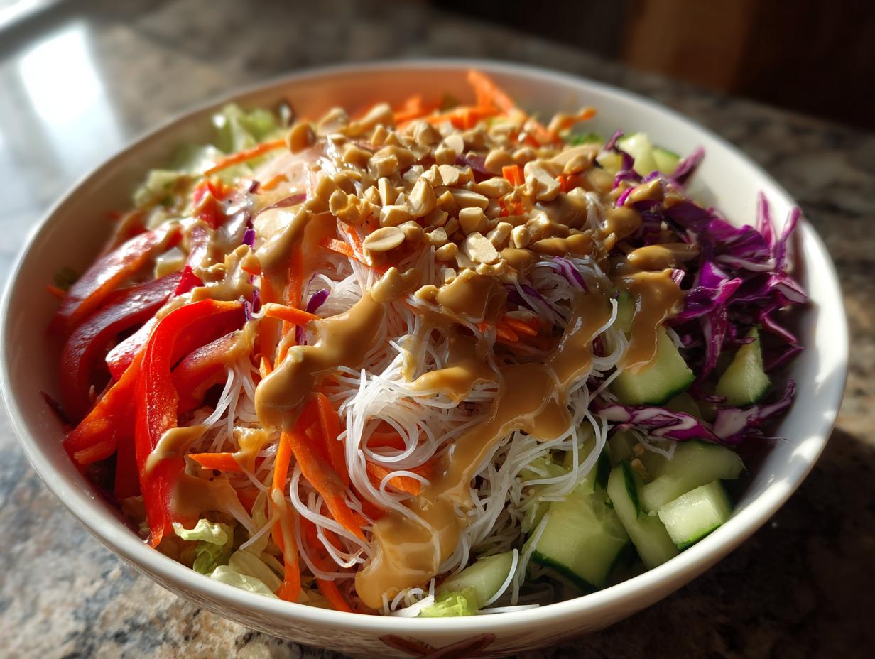 Close-up of a fresh spring roll salad bowl topped with peanut dressing and crushed peanuts.