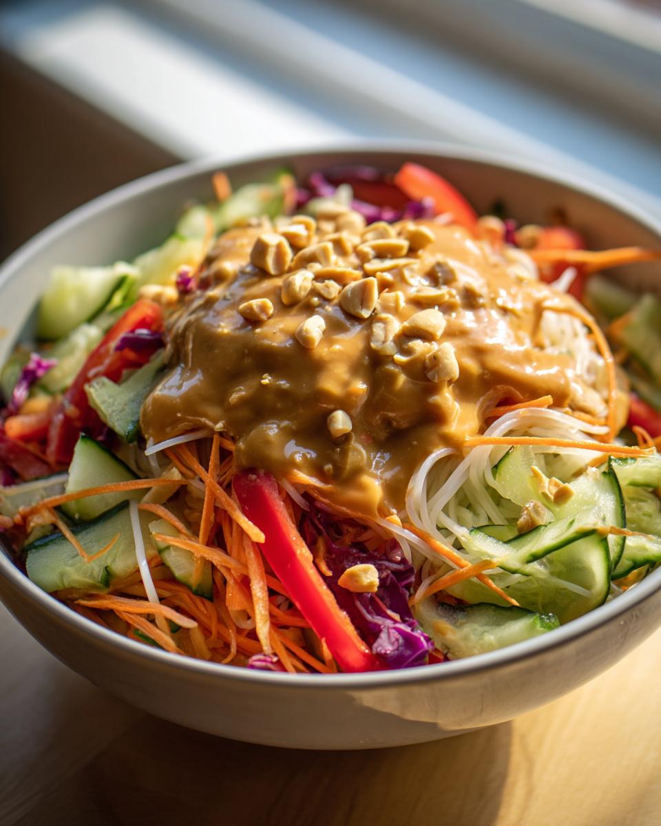 A close-up of an amazing spring roll salad bowl topped generously with peanut sauce and crushed peanuts.