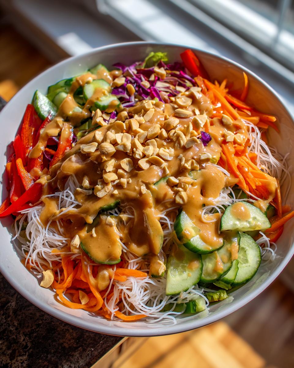 A vibrant bowl of spring roll salad featuring rice noodles, shredded carrots, cucumbers, and peanut sauce topped with crushed peanuts.