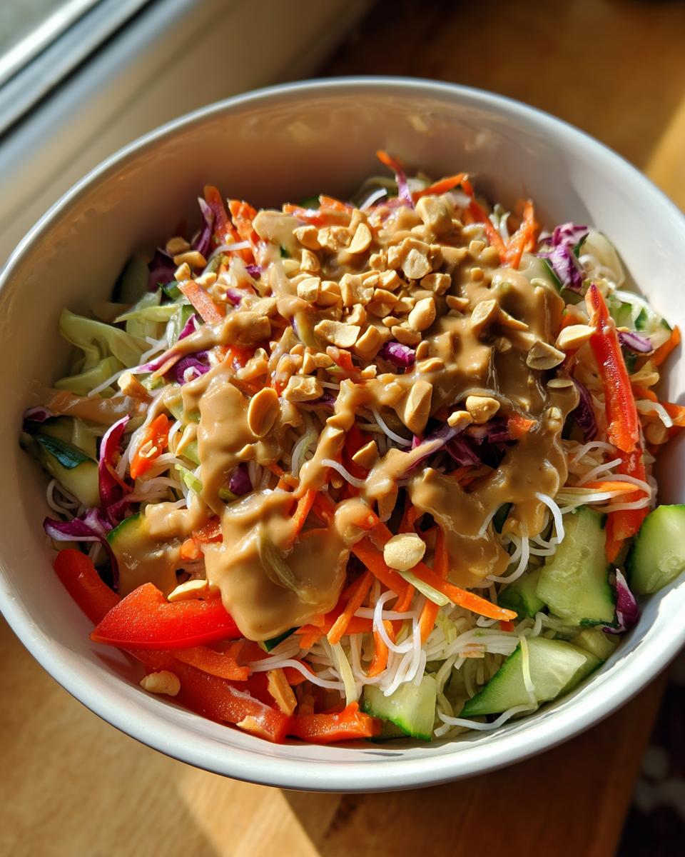 A vibrant bowl of spring roll salad featuring rice noodles, shredded vegetables, peanut sauce, and chopped peanuts.