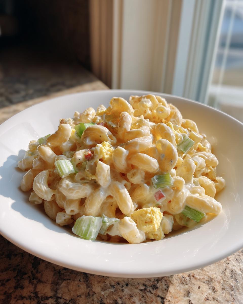 A close-up of a white bowl filled with creamy amish macaroni salad, showing elbow macaroni, celery, and egg pieces.