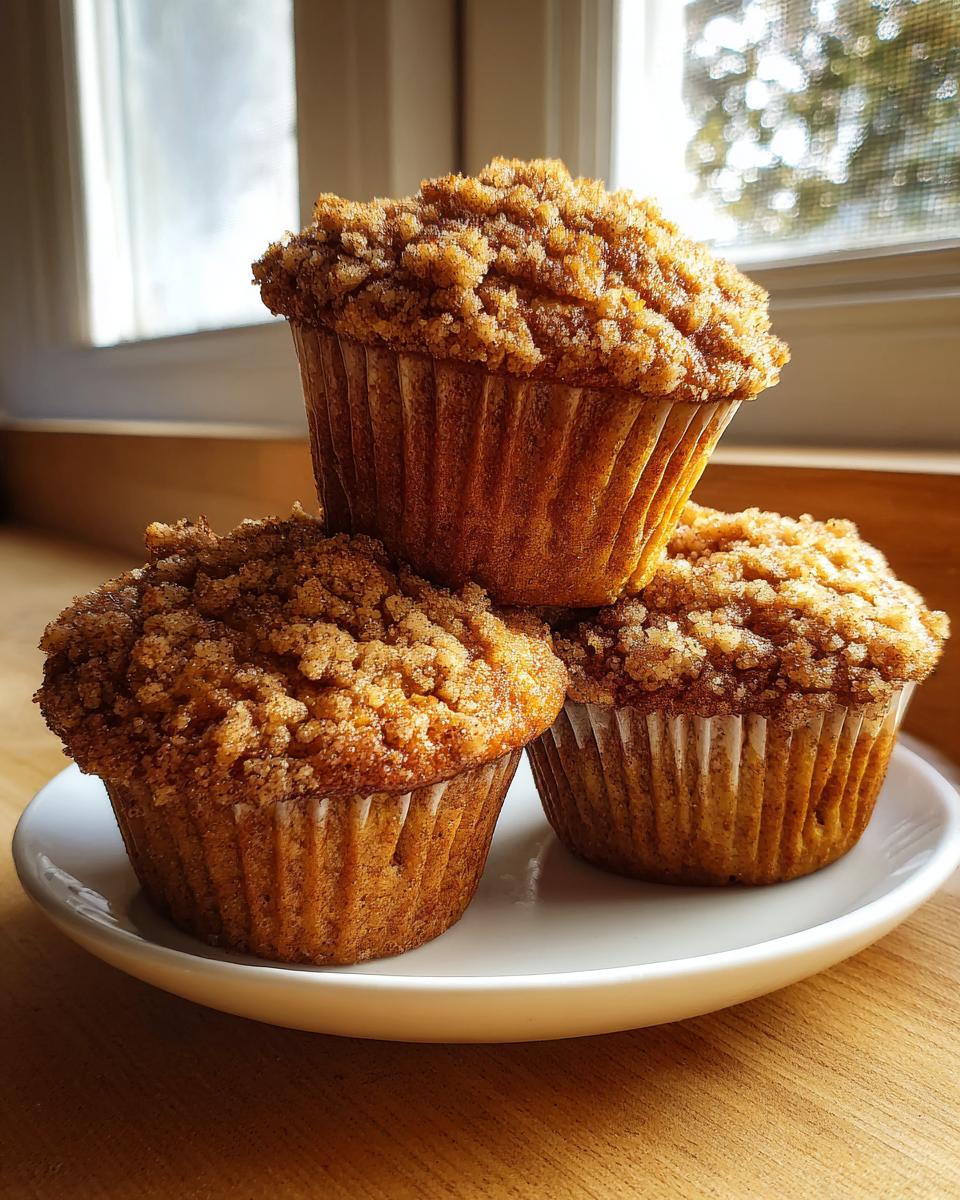 Three moist apple cinnamon muffins stacked on a white plate with a thick cinnamon streusel topping.