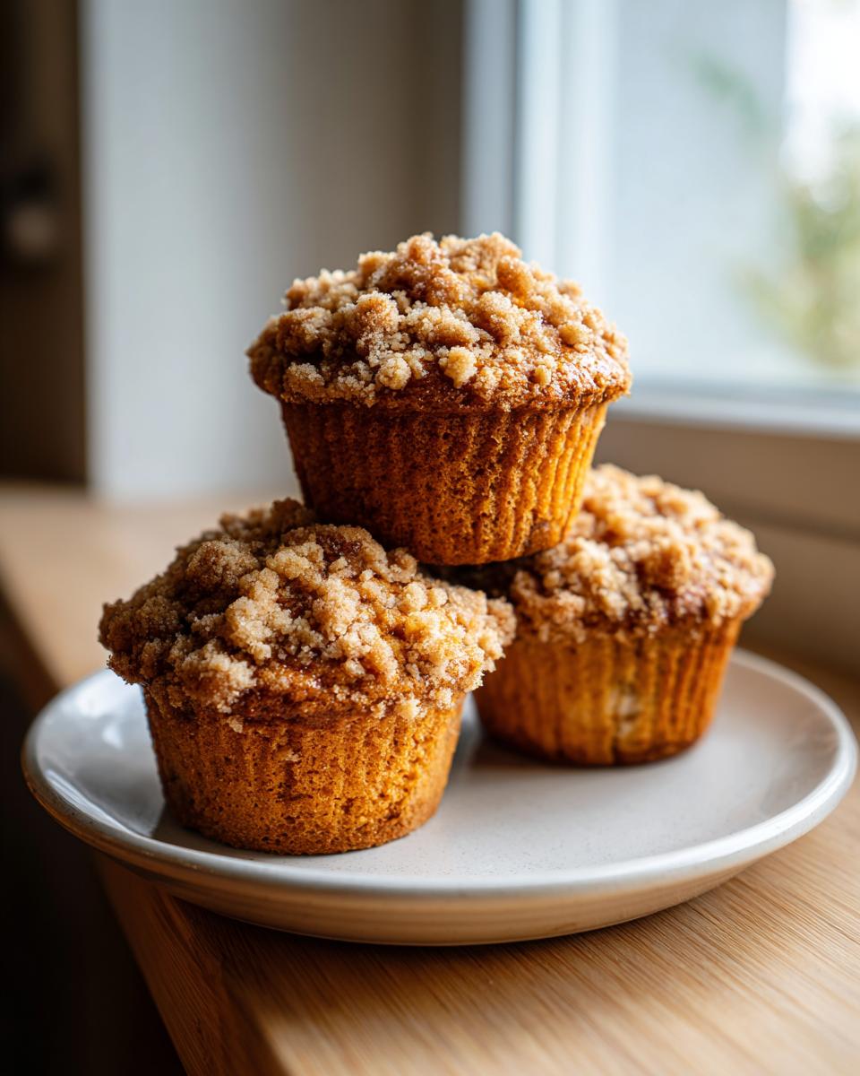Three moist apple cinnamon muffins stacked on a small plate with a generous streusel topping.