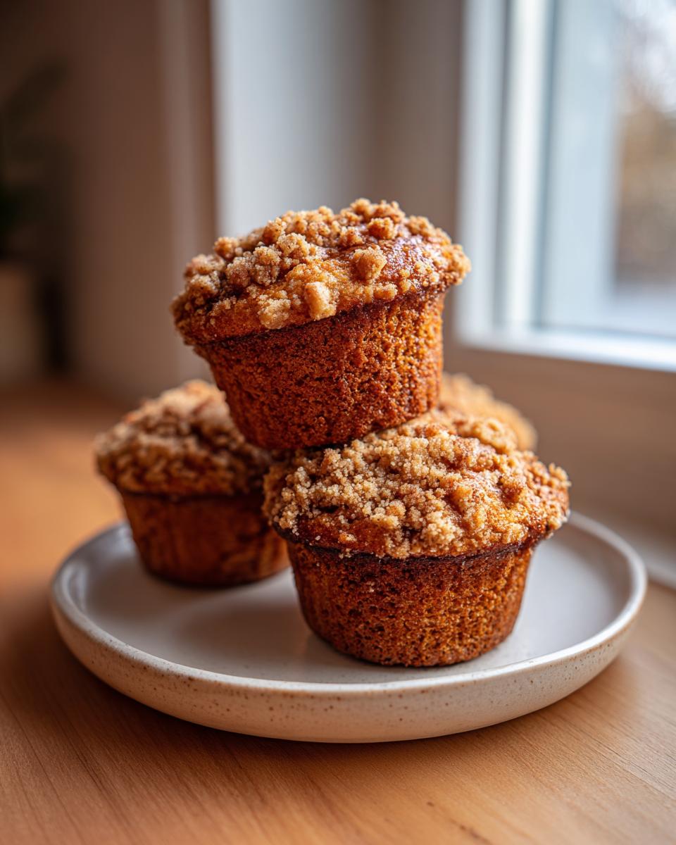A stack of three moist apple cinnamon muffins topped with a generous brown sugar crumb topping on a speckled plate.