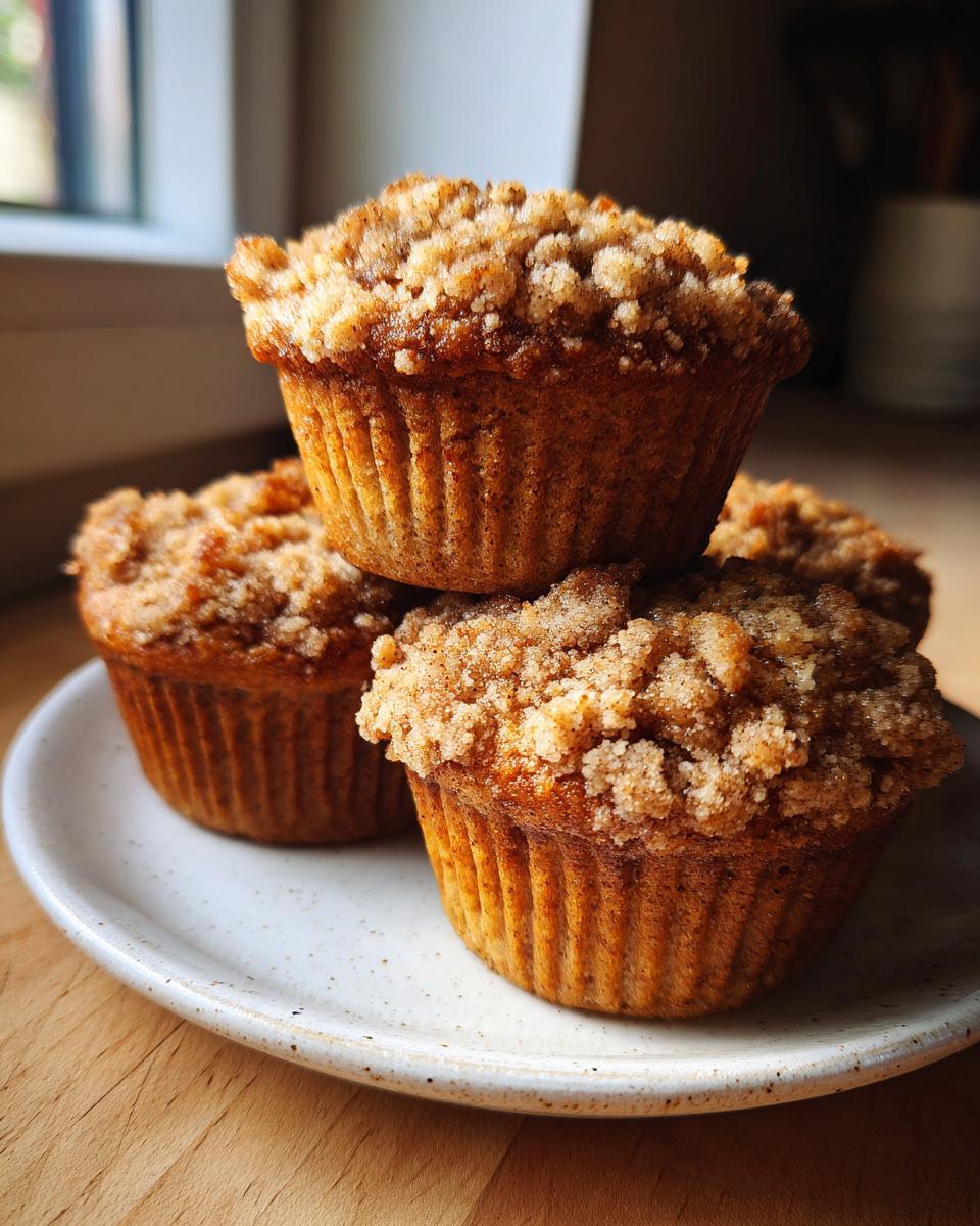Three golden brown apple cinnamon muffins stacked on a speckled white plate with a crumbly streusel topping.