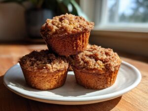 Three golden brown apple cinnamon muffins stacked on a white plate with a sugary streusel topping.