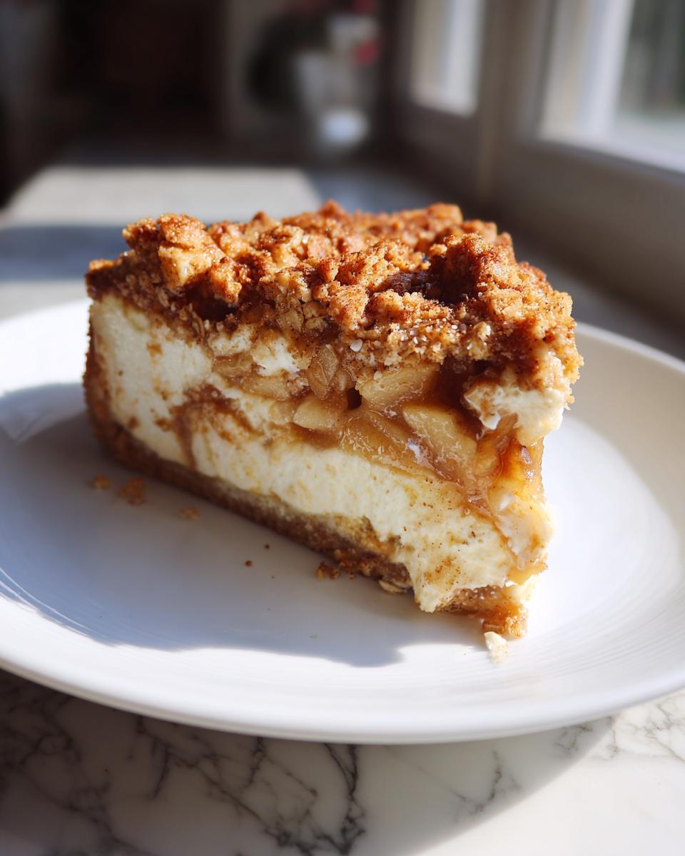 A close-up shot of a rich slice of apple crumble cheesecake served on a white plate.