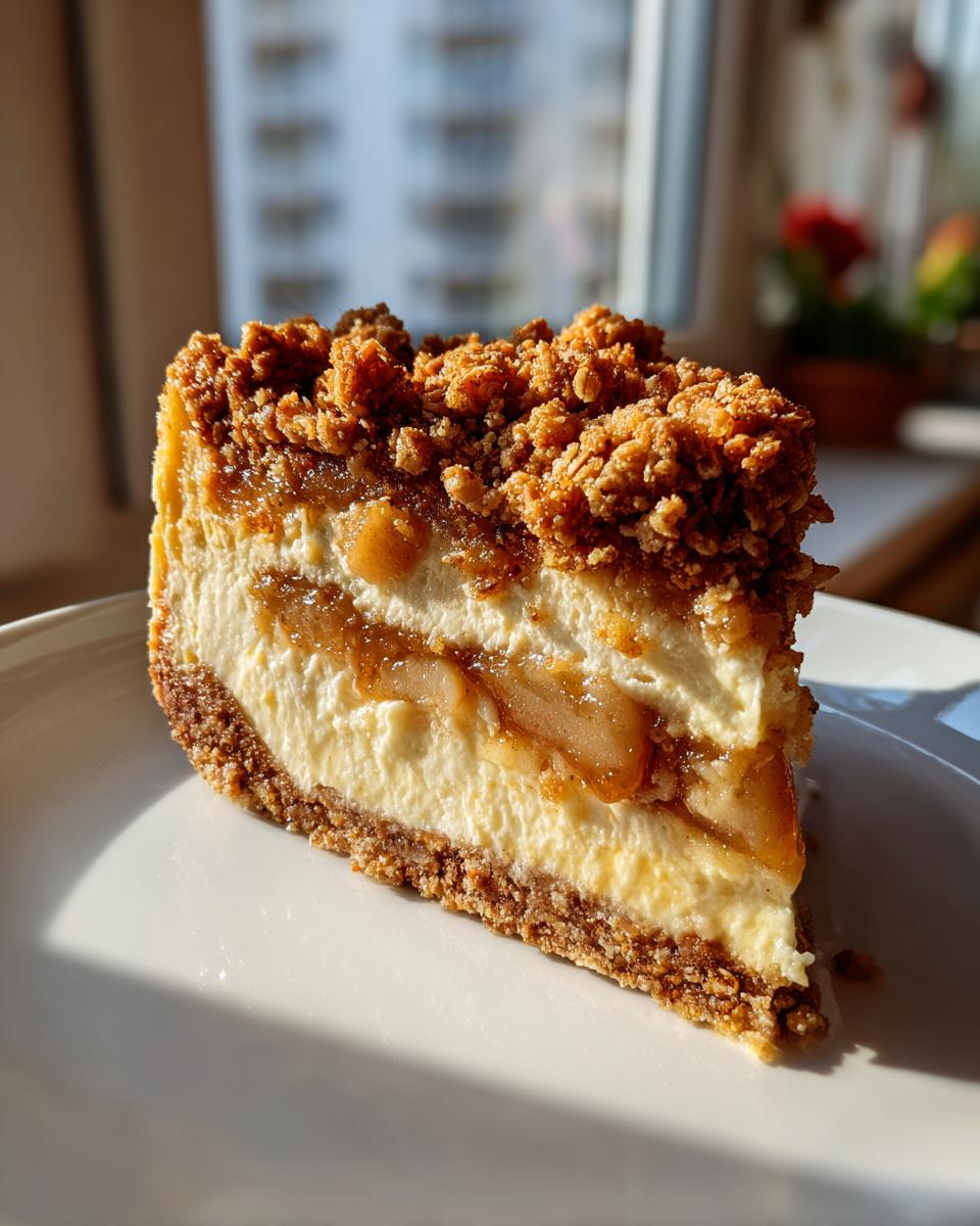 A perfect slice of apple crumble cheesecake showing layers of graham crust, creamy filling, spiced apples, and a crunchy crumble topping.