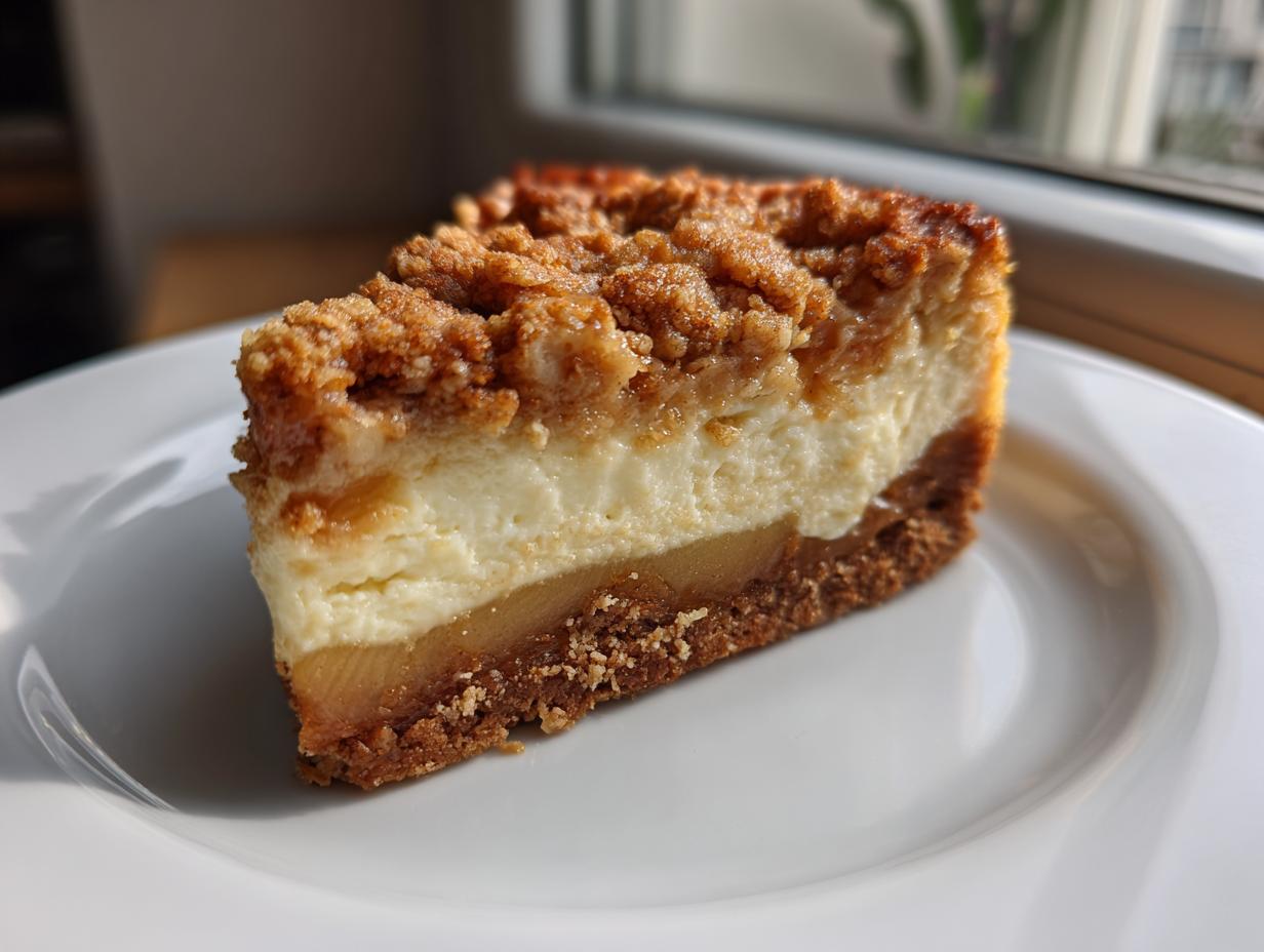 A perfect slice of apple crumble cheesecake showing distinct layers: crust, spiced apples, creamy filling, and brown streusel topping.