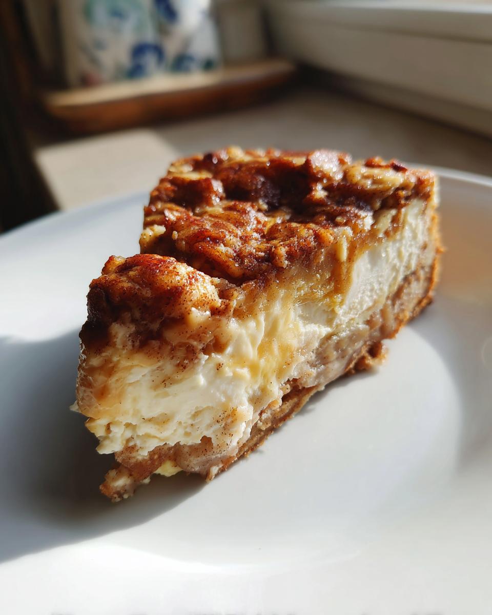 A close-up slice of creamy apple crumble cheesecake with a spiced topping on a white plate.