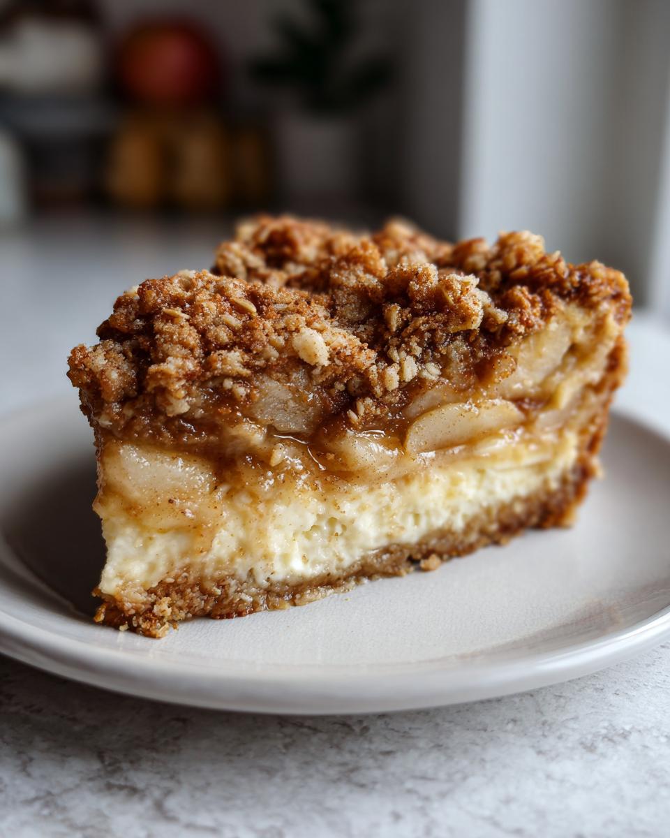 Close-up of a perfect slice of apple crumble cheesecake showing the creamy filling and crumb topping.