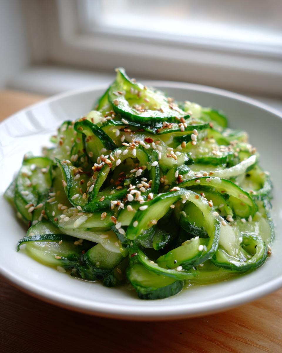 A close-up of thinly sliced cucumbers tossed in dressing and topped with toasted sesame seeds, ready to serve as asian cucumber salad.
