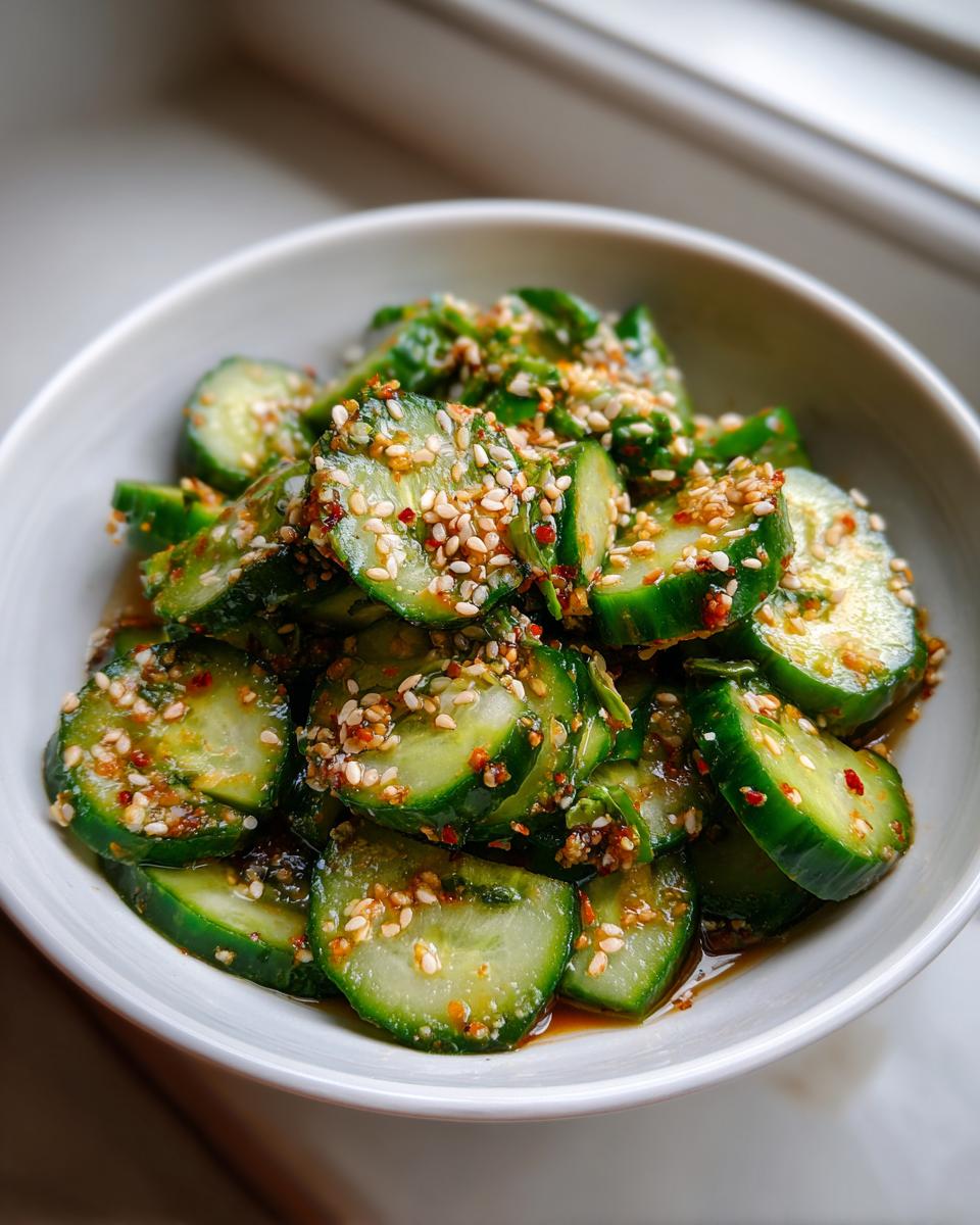 Close-up of sliced cucumbers tossed in a savory dressing and topped heavily with toasted sesame seeds for an asian cucumber salad.