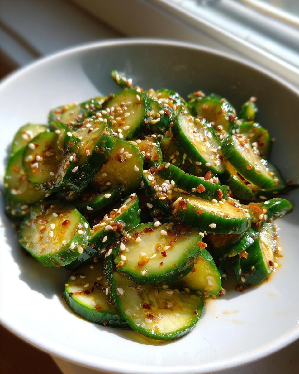 Close-up of sliced cucumbers coated in a savory dressing and sprinkled generously with sesame seeds, showcasing the asian cucumber salad.