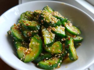 Close-up of vibrant green slices in an asian cucumber salad, coated in a savory dressing and topped with toasted sesame seeds.