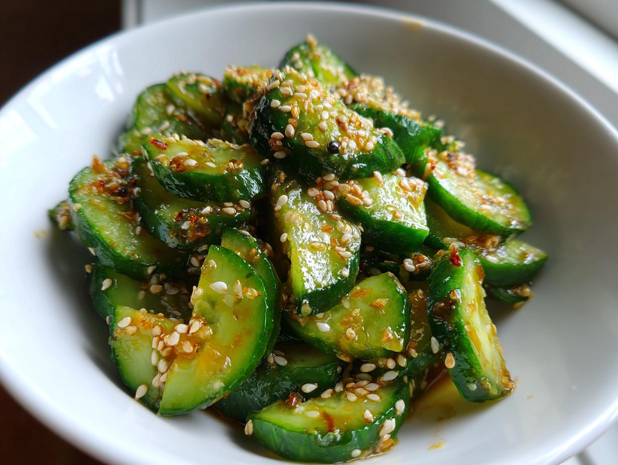 Close-up of vibrant green slices in an asian cucumber salad, coated in a savory dressing and topped with toasted sesame seeds.