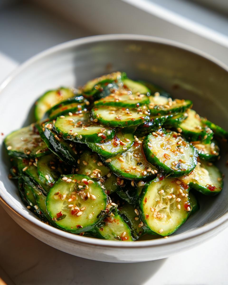 Close-up of vibrant green slices of asian cucumber salad tossed in a spicy, glossy dressing and topped with sesame seeds.