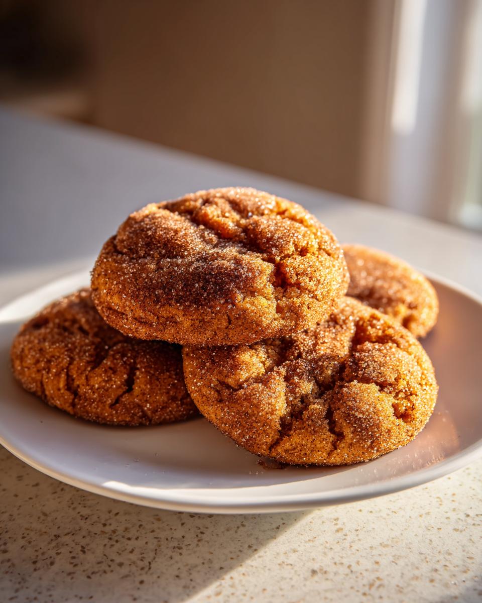 A stack of four soft, crackled pumpkin snickerdoodles coated in cinnamon sugar, resting on a white plate.