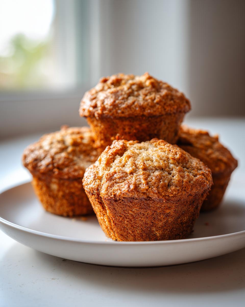 A close-up of four golden brown banana oatmeal muffins stacked slightly on a white plate near a window.