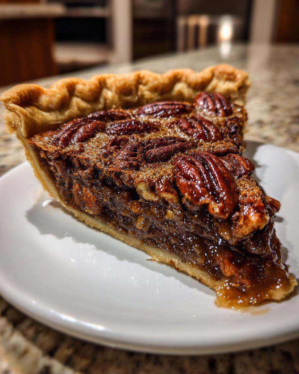 A close-up shot of a rich, gooey slice of pecan pie on a white plate.