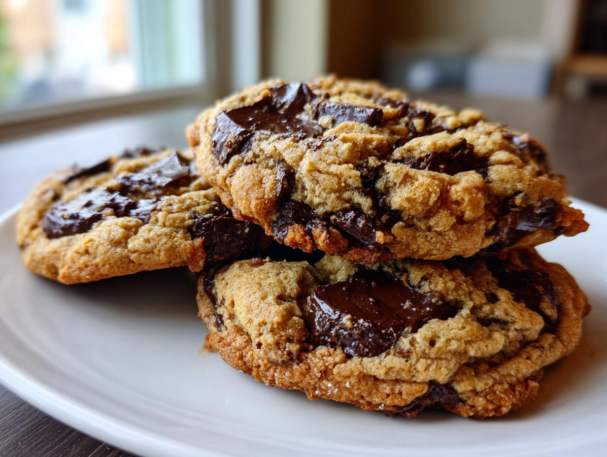 Close-up of three stacked vegan chocolate chip cookies with gooey, melted dark chocolate chunks.