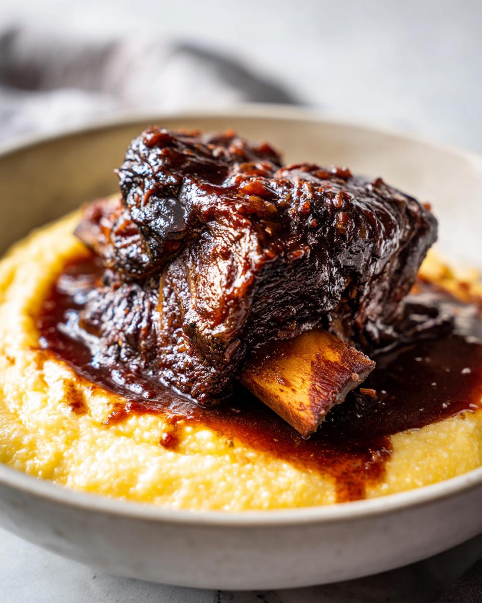 Close-up of tender braised short ribs covered in dark sauce served over creamy yellow polenta.