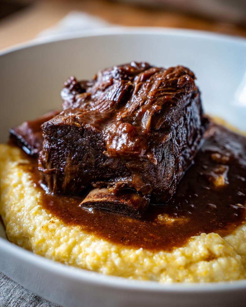 Close-up of a tender braised short rib smothered in rich gravy served over creamy yellow polenta.