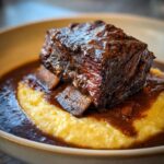 A close-up of a tender braised short ribs piece covered in rich sauce, served atop creamy yellow polenta.