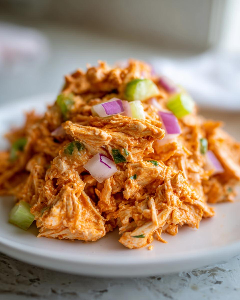 A mound of vibrant orange buffalo chicken salad mixed with diced red onion and celery on a white plate.