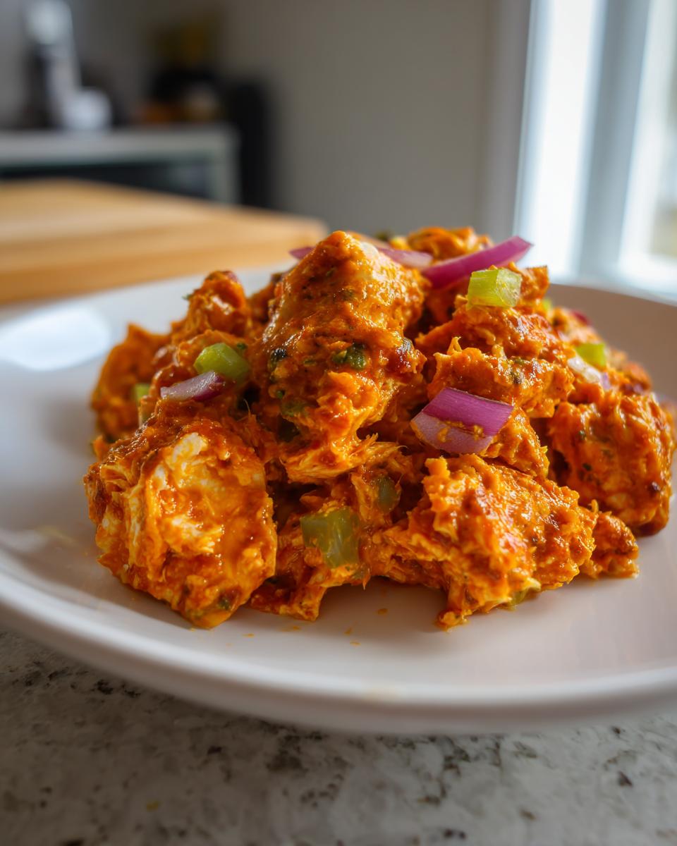 A close-up serving of vibrant orange buffalo chicken salad mixed with diced red onion and celery on a white plate.