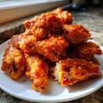 A pile of crispy, glazed buffalo wings recipe pieces stacked on a white plate, showing the juicy interior.