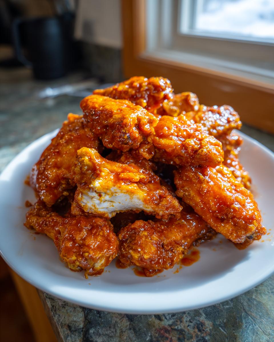 A close-up of a white plate piled high with crispy, glazed buffalo wings recipe pieces.