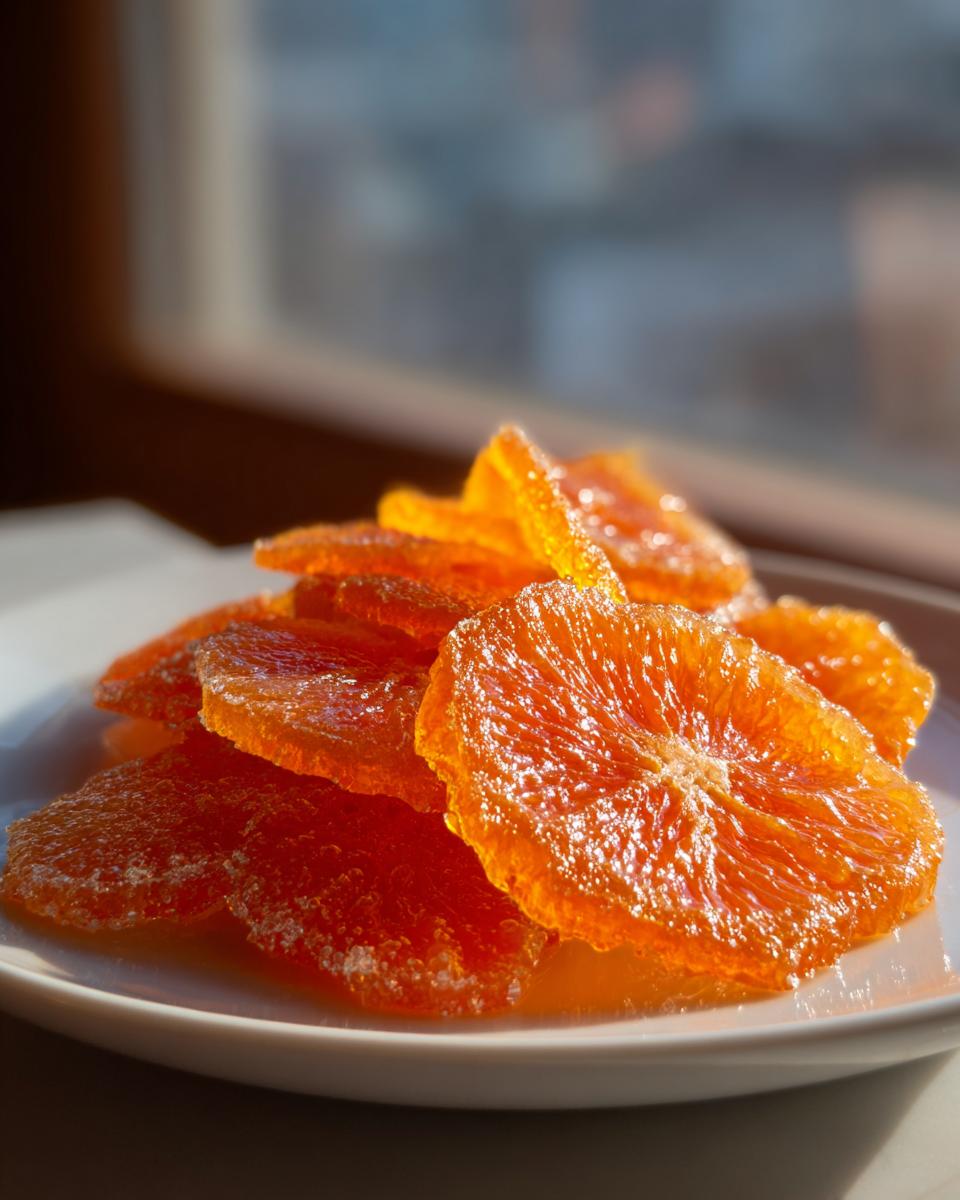 A stack of glistening, bright orange candied orange slices dusted with sugar, backlit by sunlight.