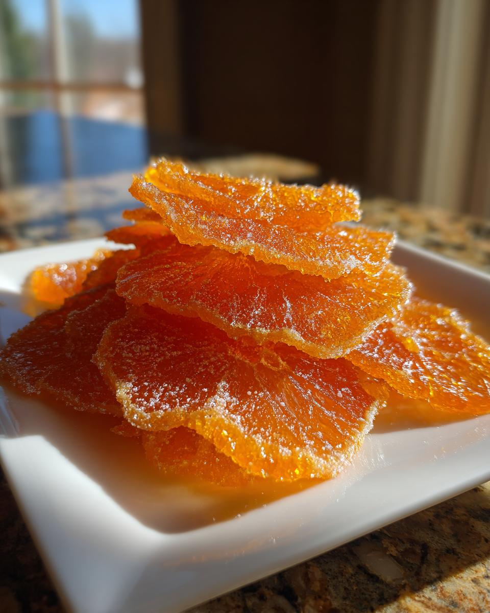 A stack of glistening, sugar-coated candied orange slices resting on a white square plate.