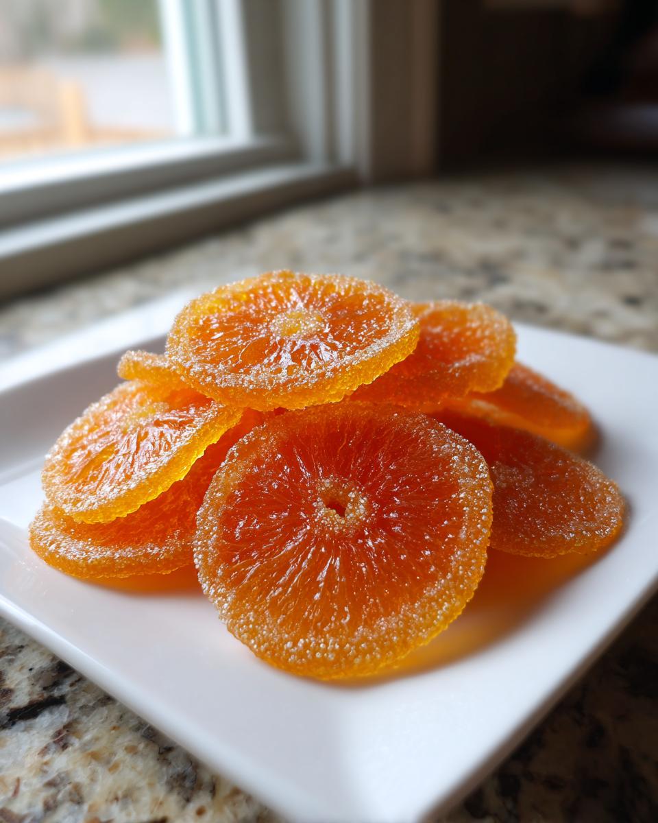 A pile of glistening, bright orange candied orange slices dusted with sugar on a white plate.