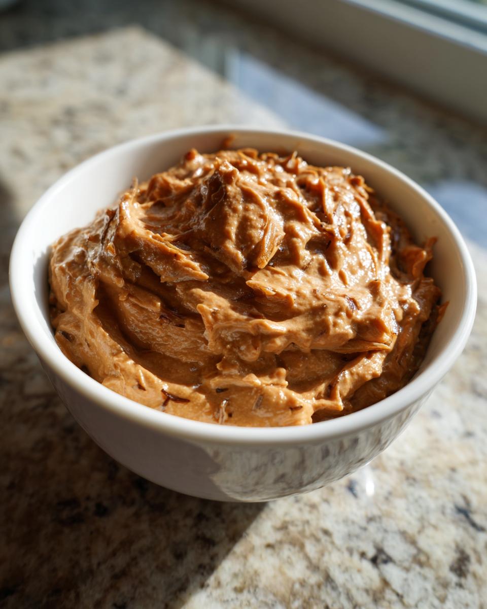 A close-up of rich, brown caramelized onion dip swirled high in a white bowl on a granite countertop.