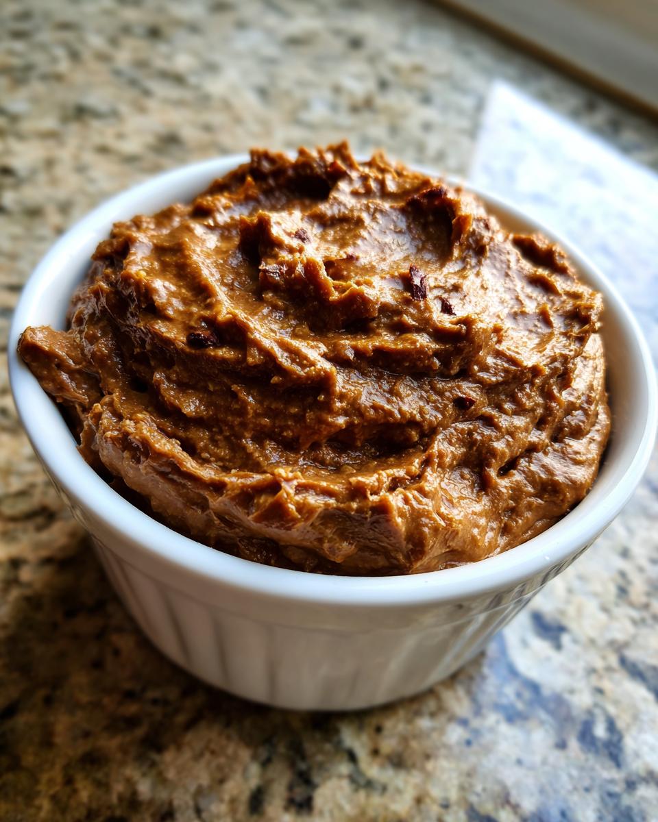 Close-up of thick, rich caramelized onion dip served in a small white ramekin on a granite counter.